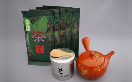 深蒸し茶500gと急須、茶缶、茶さじセットの特産品画像